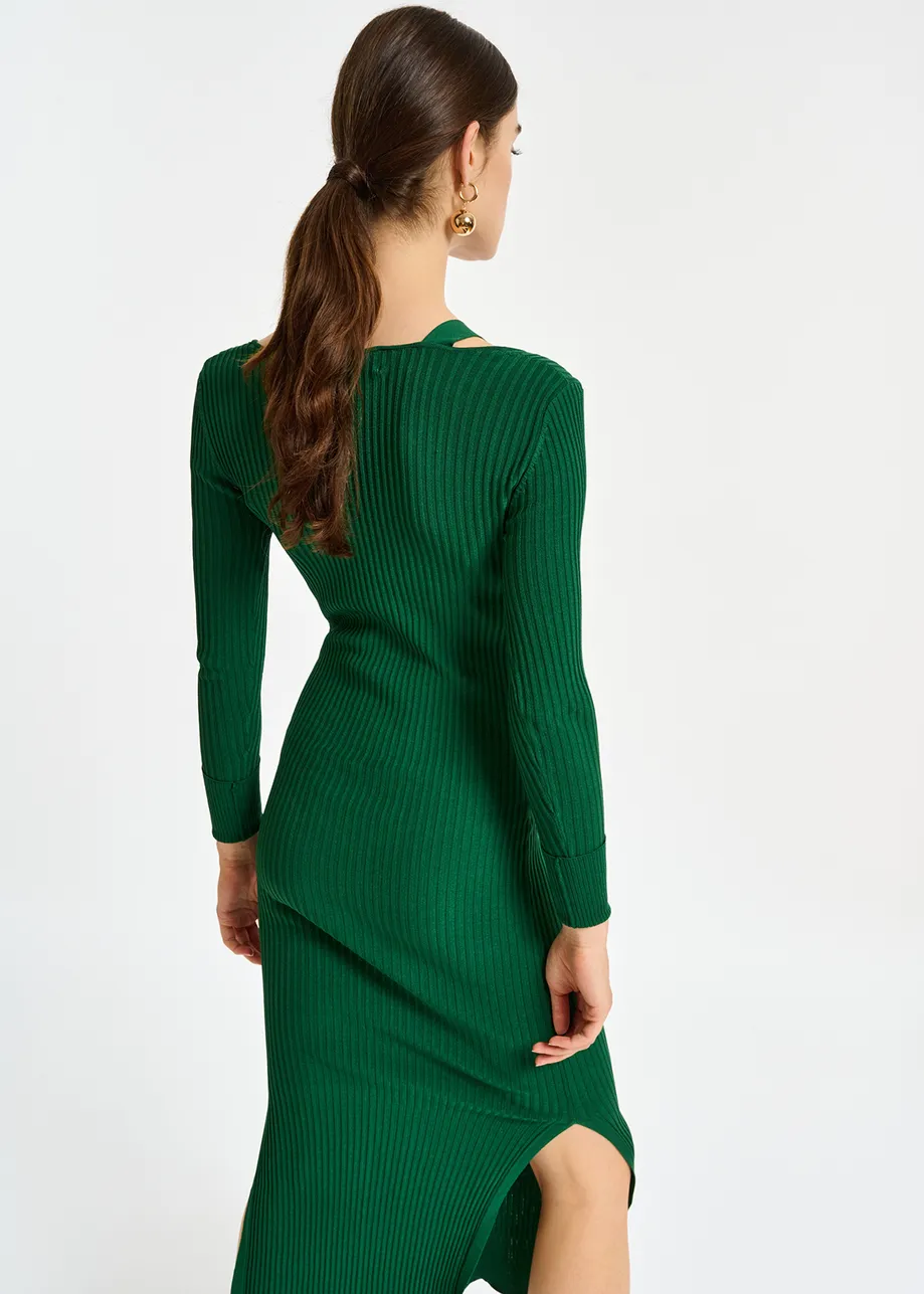 Dark green midi-length knit dress