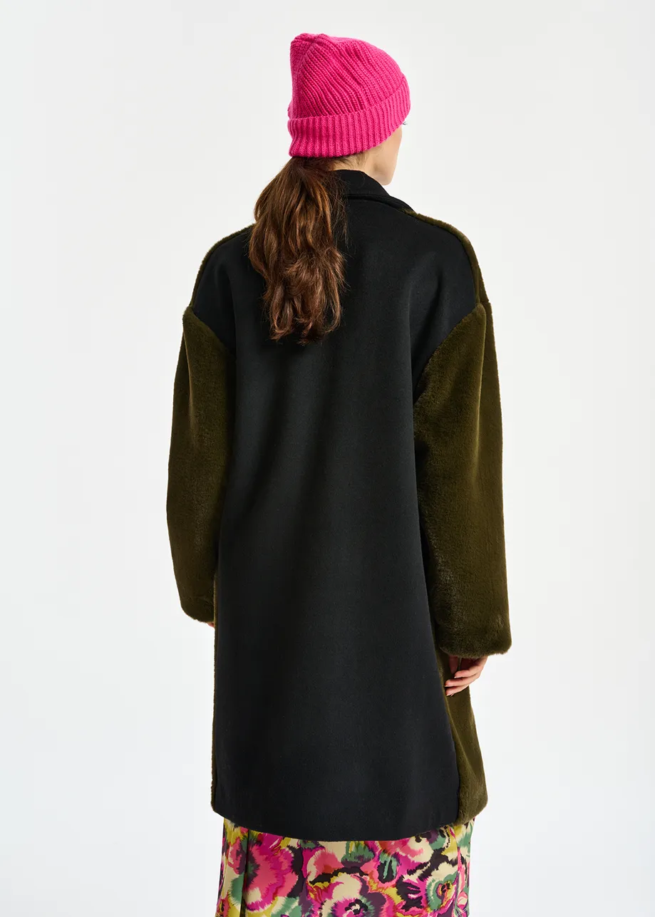 Khaki faux fur and black wool-blend coat