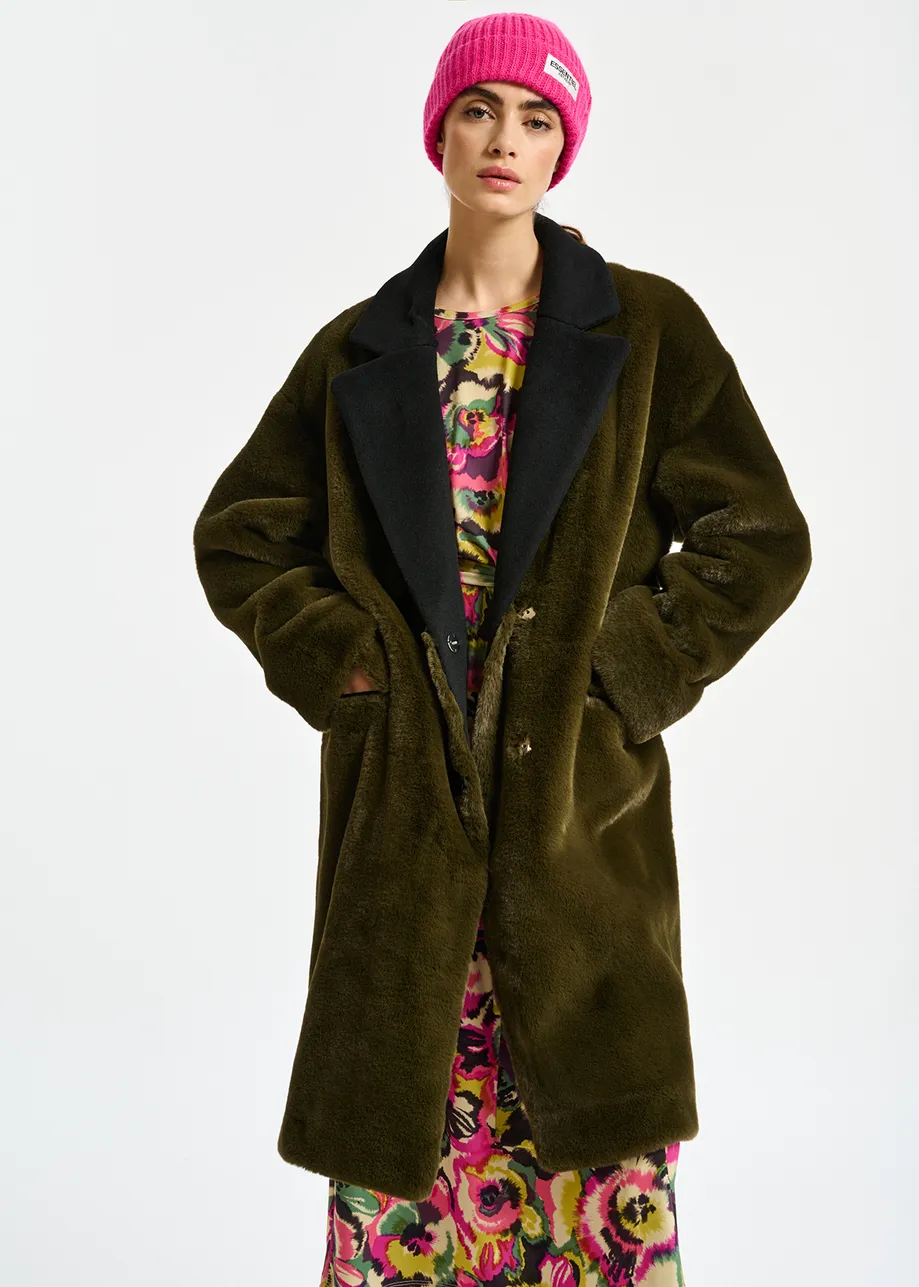 Khaki faux fur and black wool-blend coat