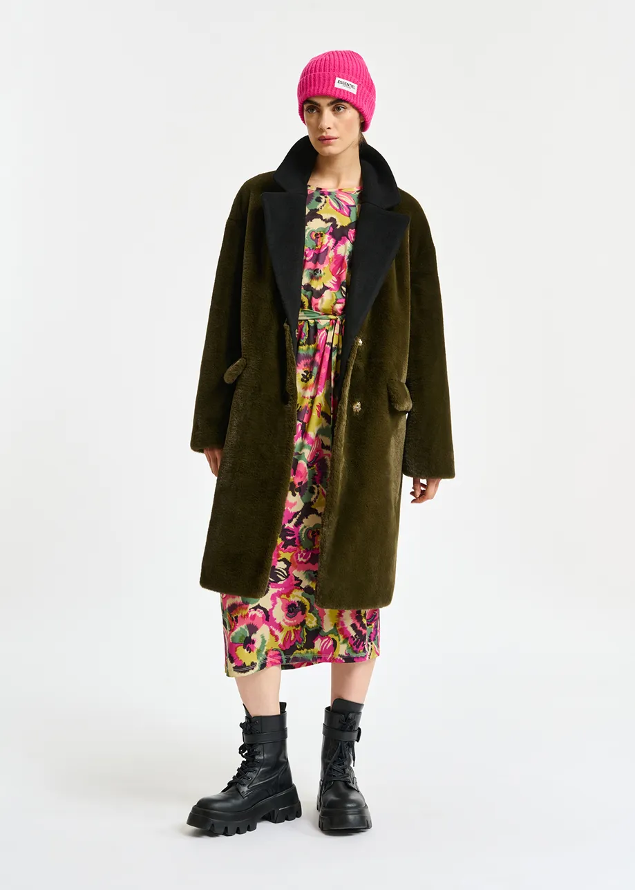 Khaki faux fur and black wool-blend coat