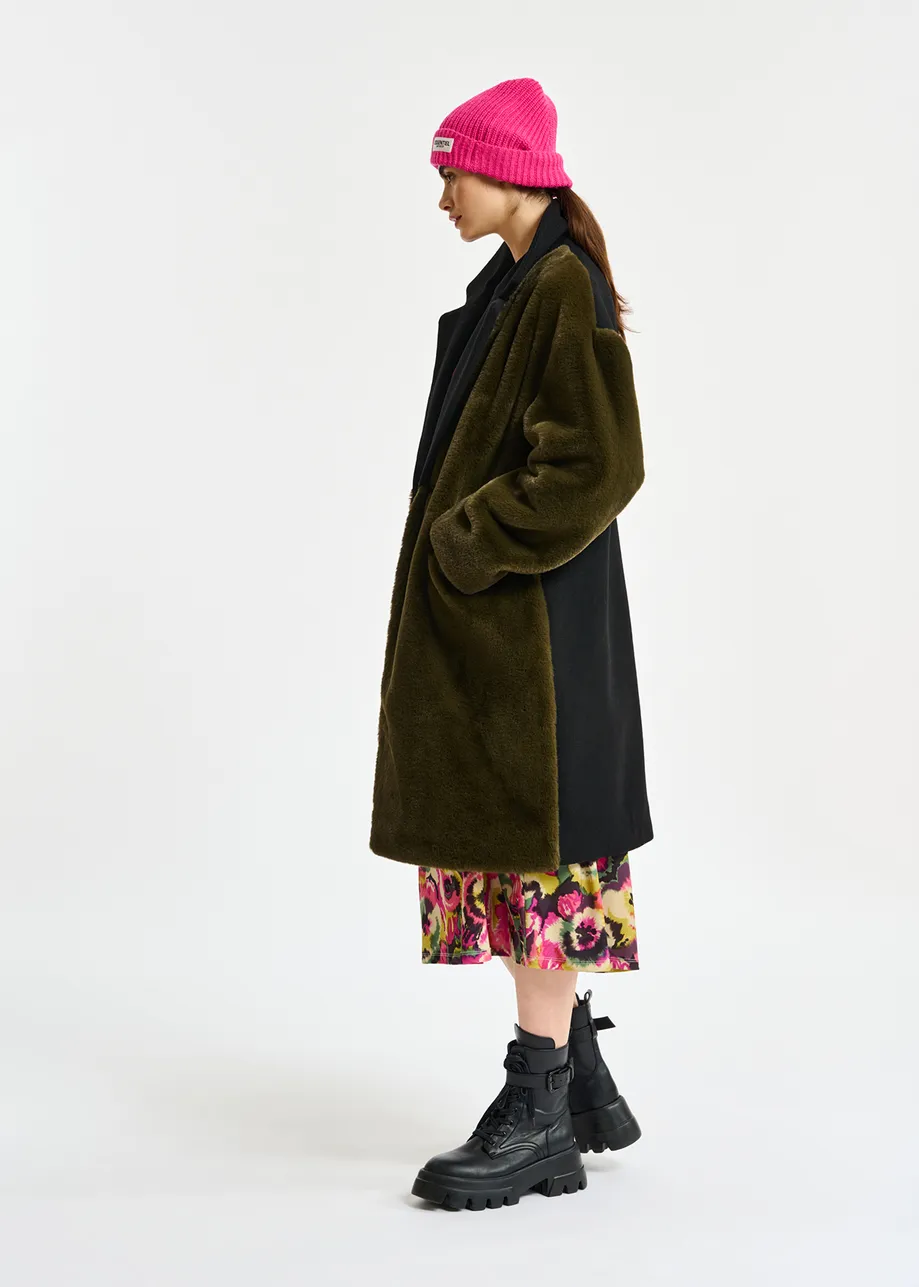 Khaki faux fur and black wool-blend coat