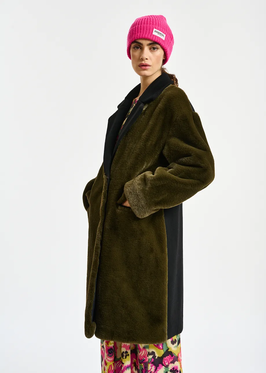 Khaki faux fur and black wool-blend coat