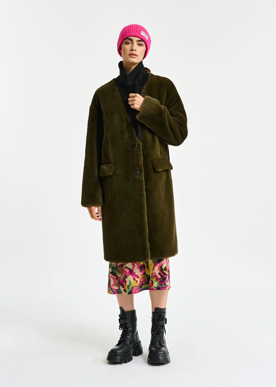 Khaki faux fur and black wool-blend coat