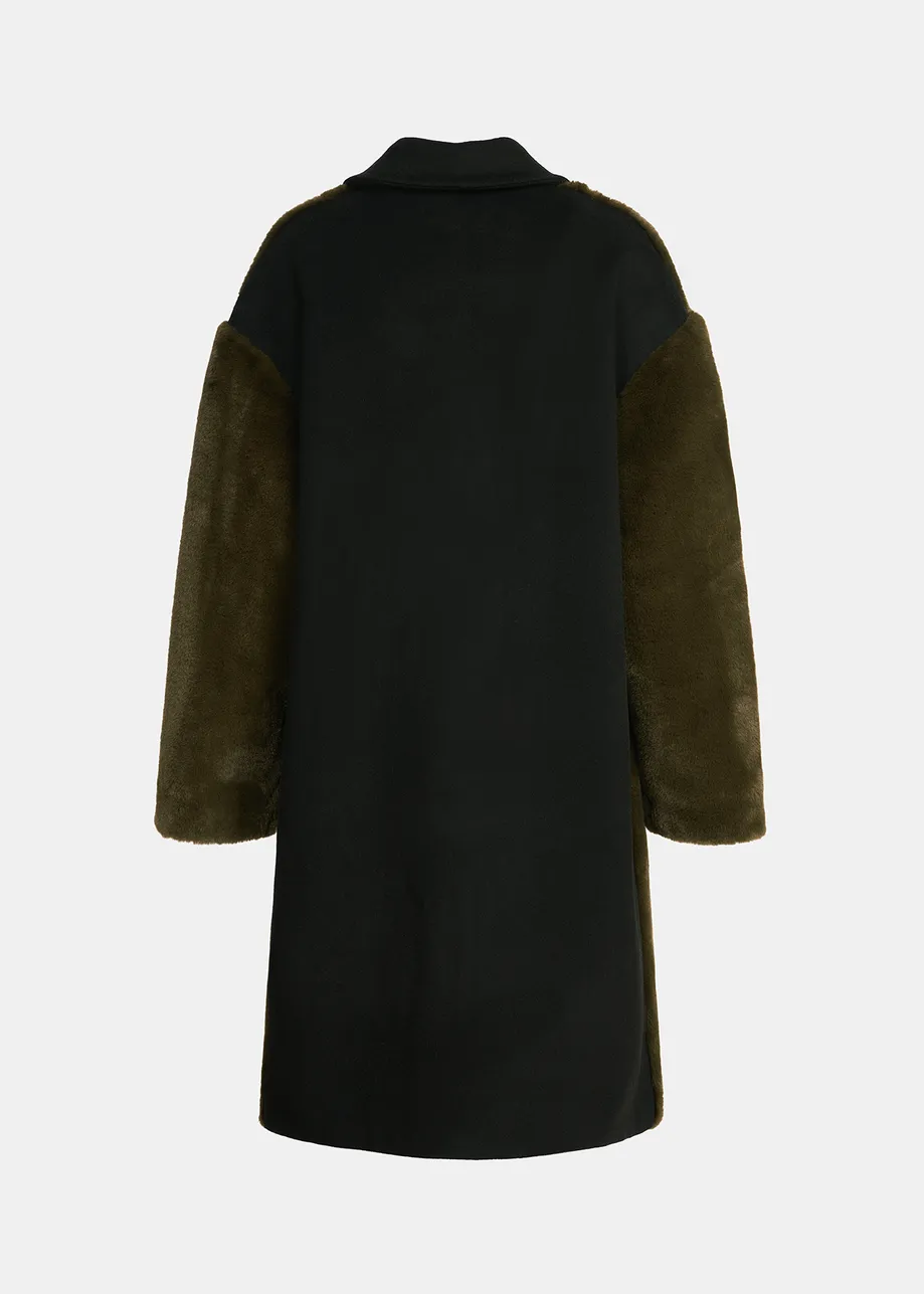 Khaki faux fur and black wool-blend coat