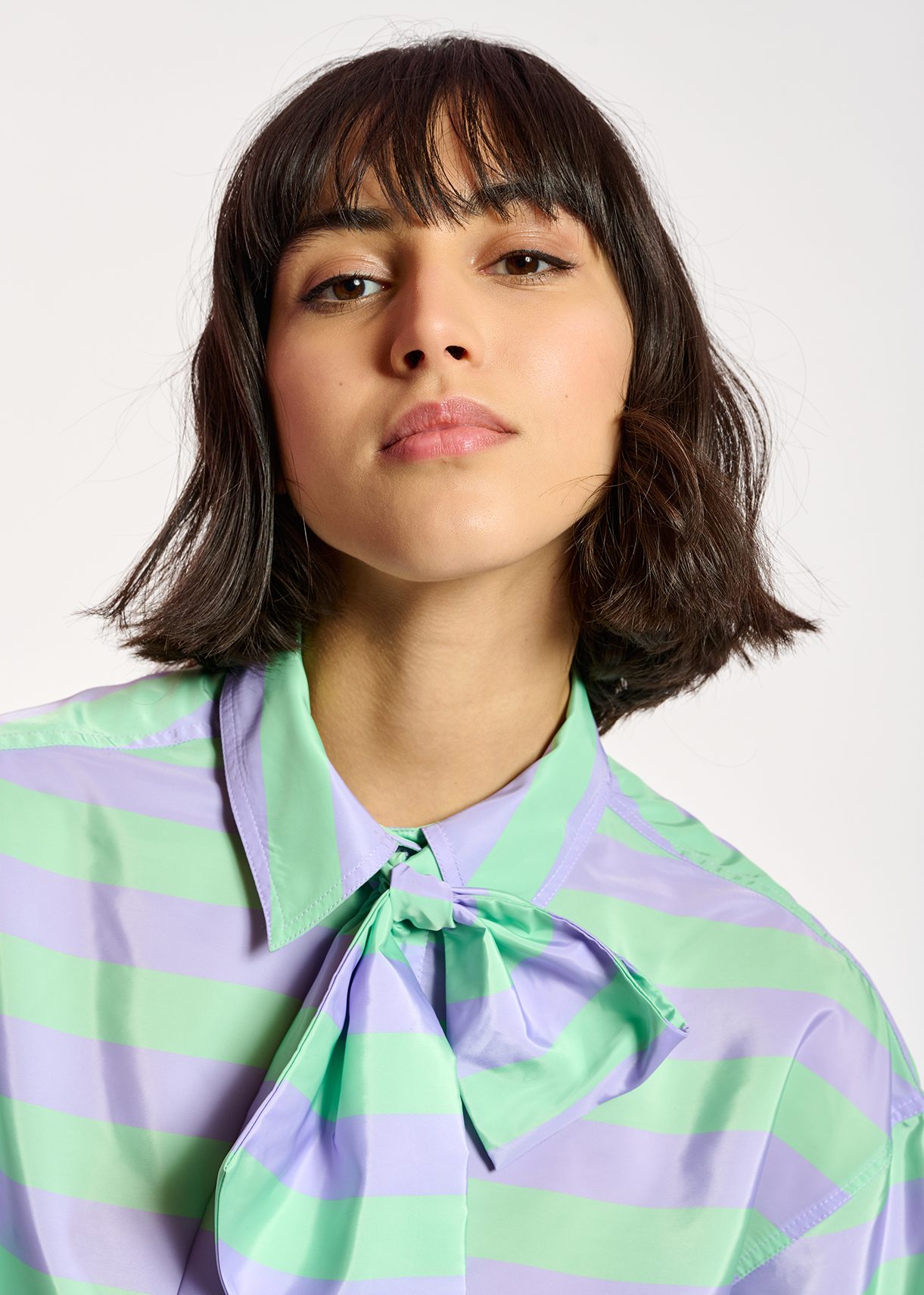 Lilac and mint green striped shirt with pussy bow