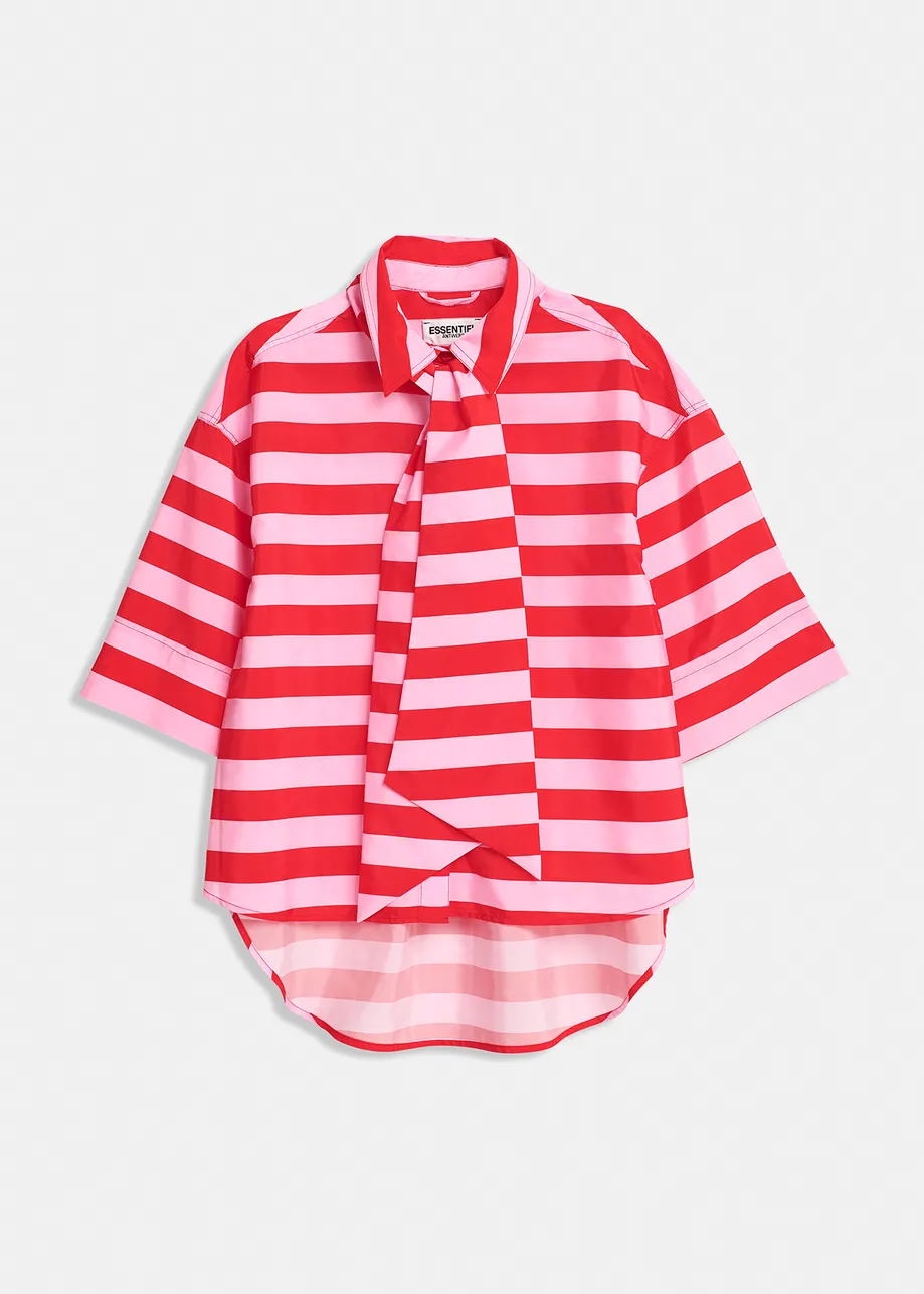 Red and pink striped shirt with pussy bow