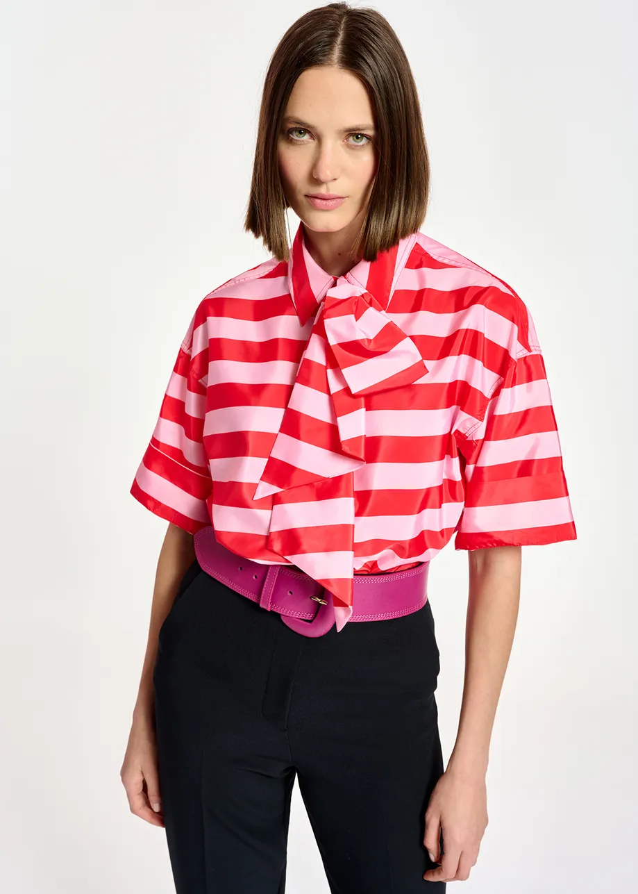 Red and pink striped shirt with pussy bow