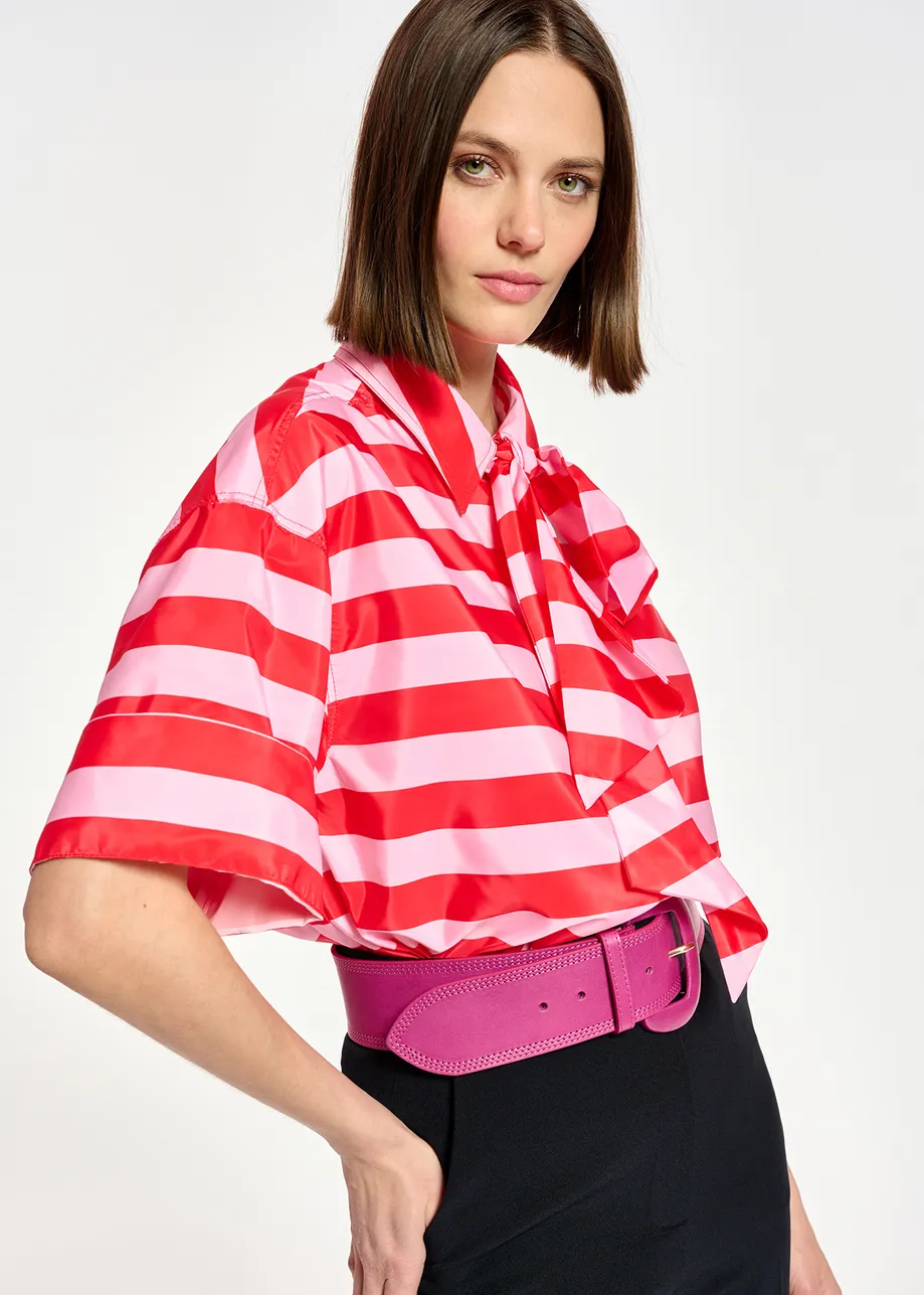 Red and pink striped shirt with pussy bow