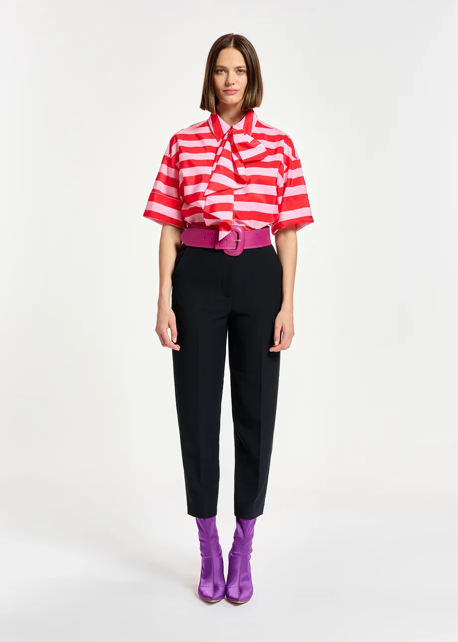 Red and pink striped shirt with pussy bow