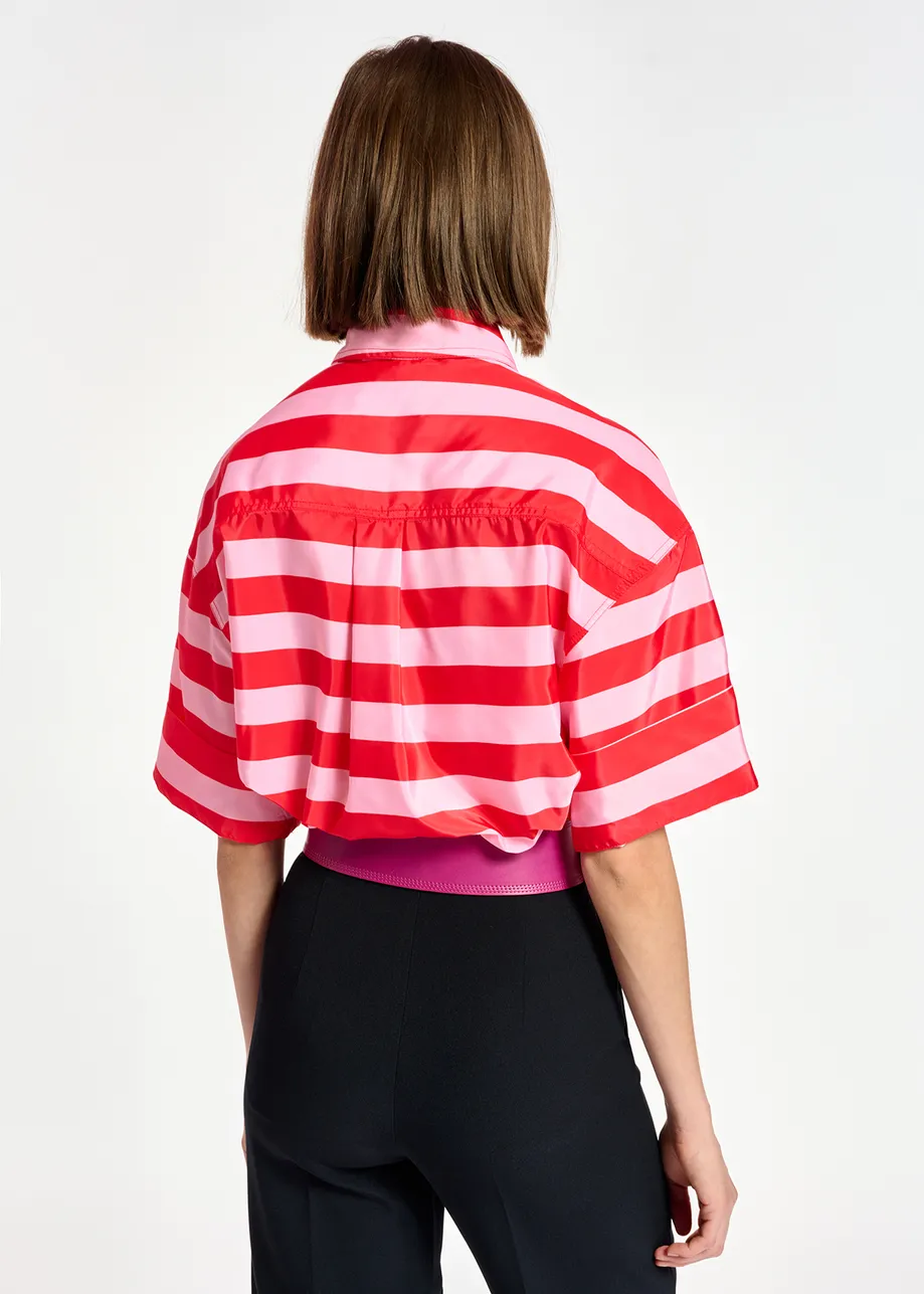 Red and pink striped shirt with pussy bow