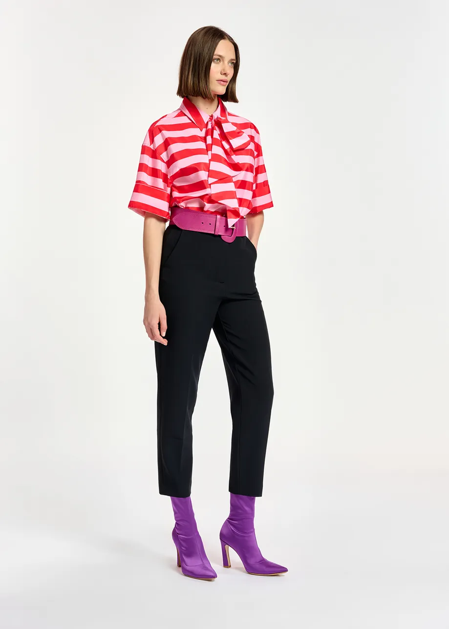 Red and pink striped shirt with pussy bow