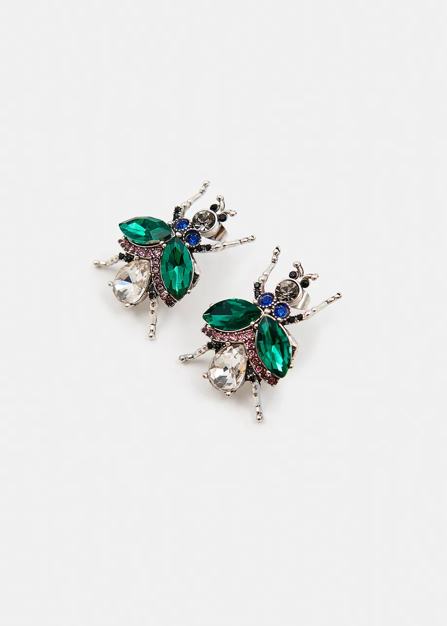 Silver-tone rhinestone beetle earrings