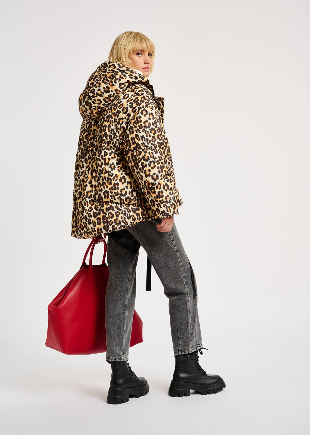 Leopard-print hooded puffer jacket