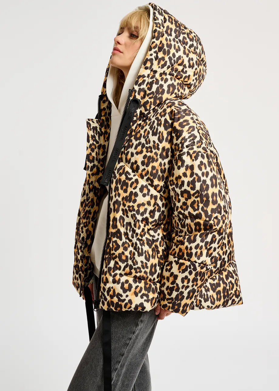 Leopard-print hooded puffer jacket