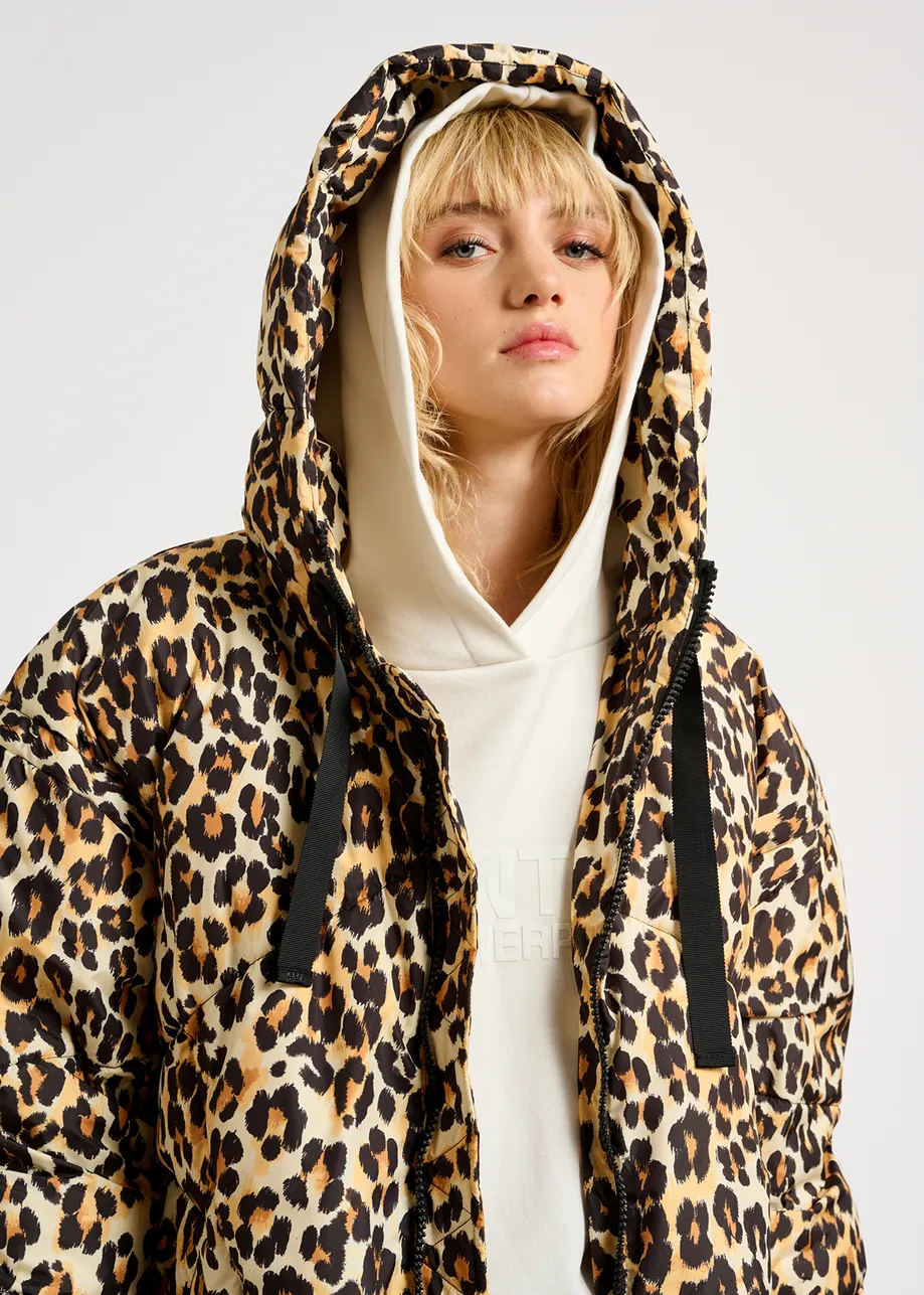 Leopard-print hooded puffer jacket