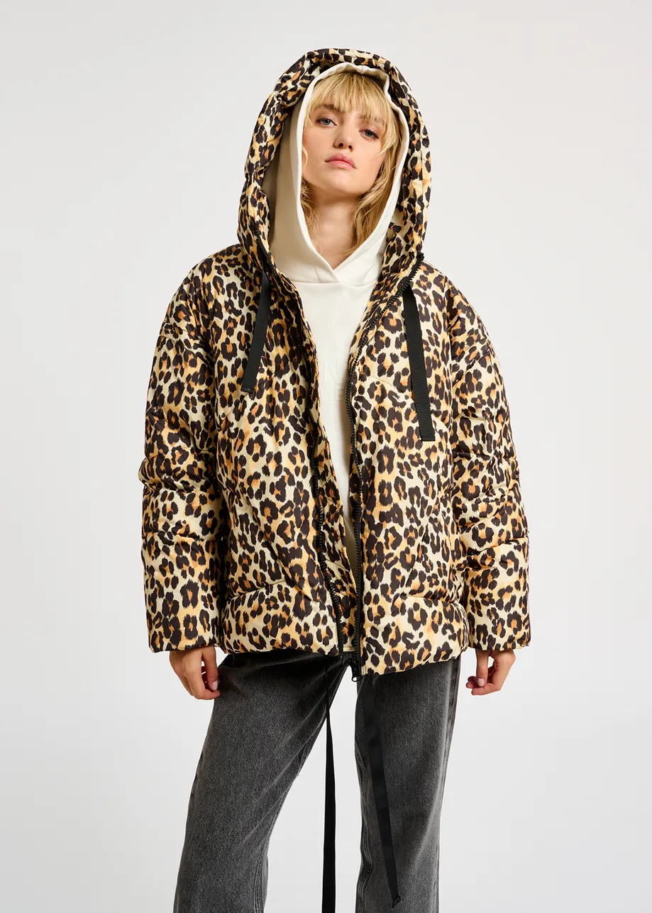 Leopard-print hooded puffer jacket