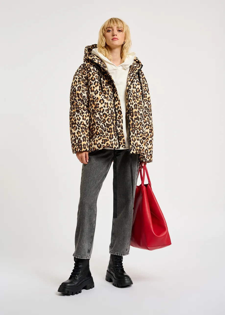 Leopard-print hooded puffer jacket