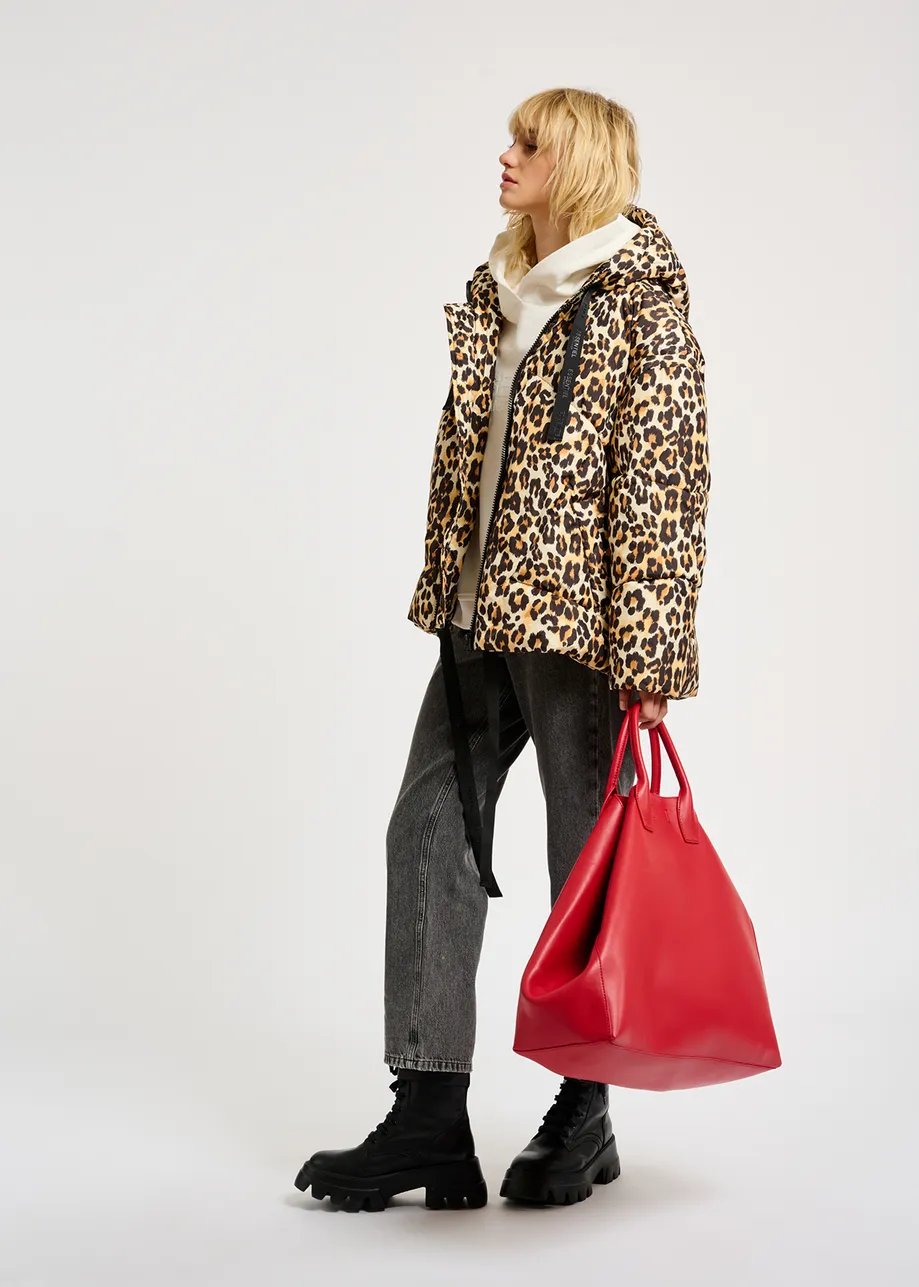 Leopard-print hooded puffer jacket