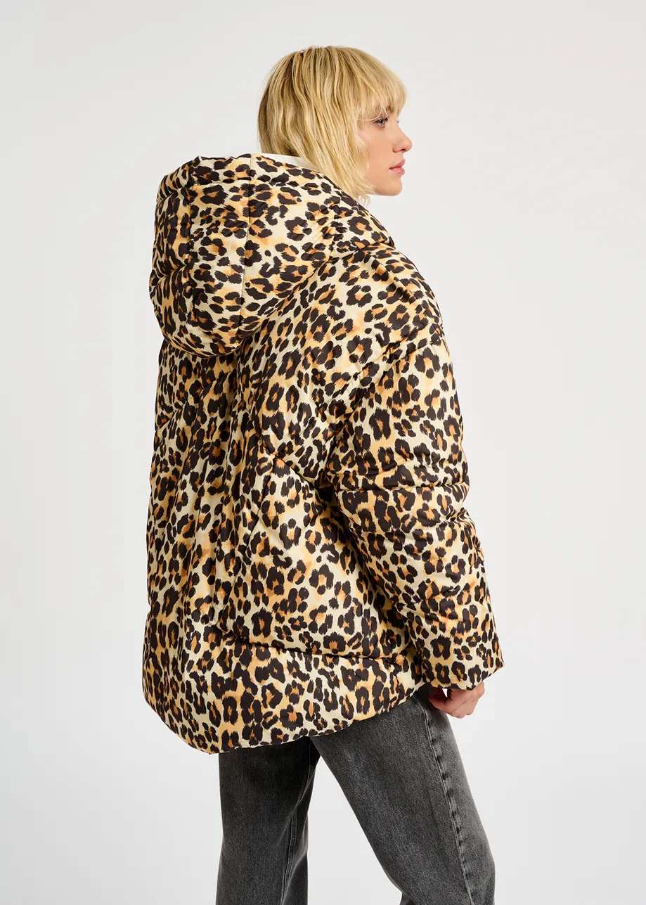 Leopard-print hooded puffer jacket