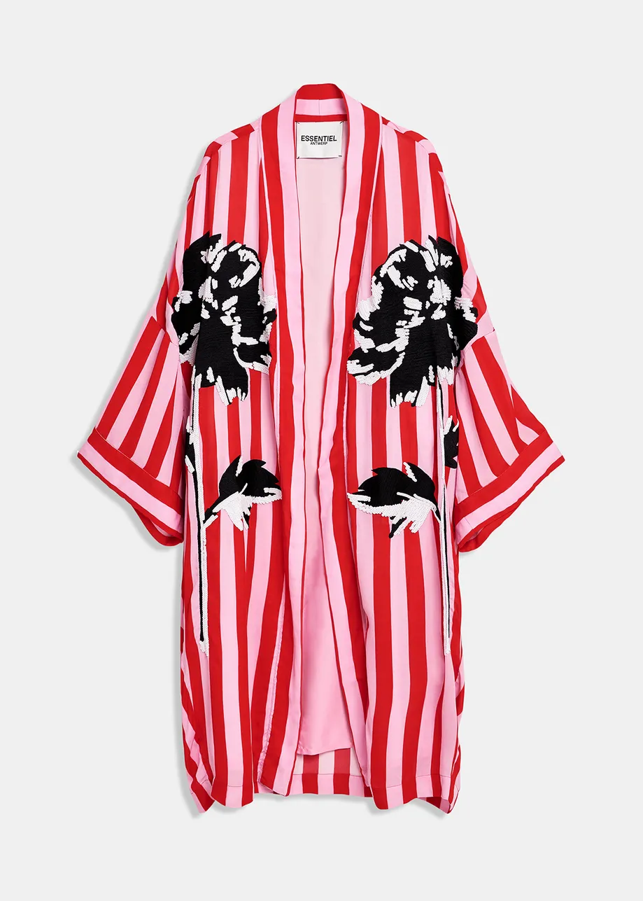 Red and pink striped kimono with flower embroideries