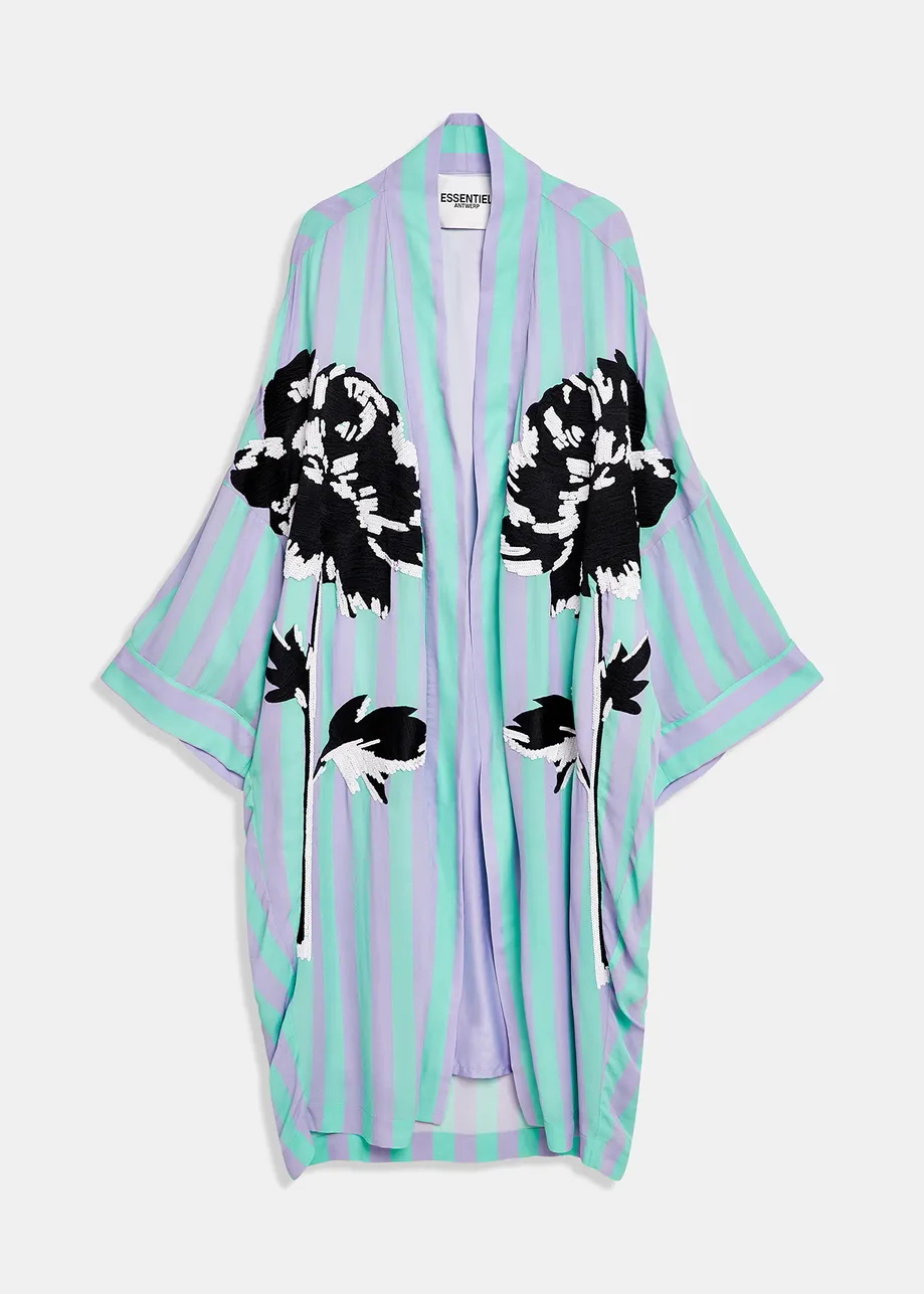 Lilac and mint green striped kimono with flower embroideries