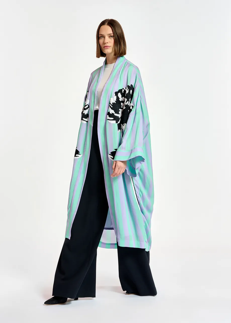 Lilac and mint green striped kimono with flower embroideries