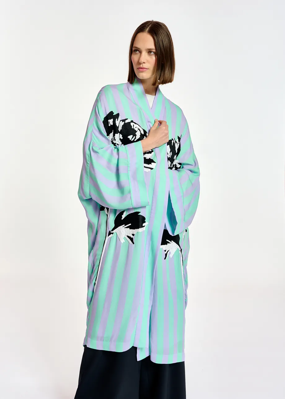 Lilac and mint green striped kimono with flower embroideries