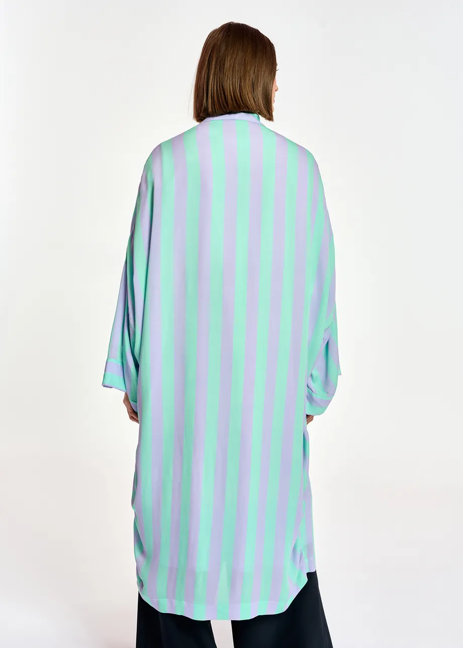 Lilac and mint green striped kimono with flower embroideries