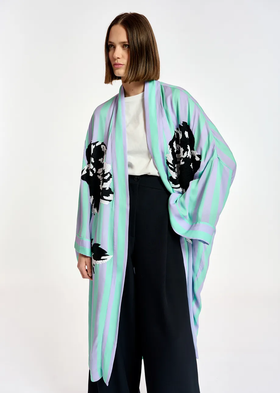 Lilac and mint green striped kimono with flower embroideries