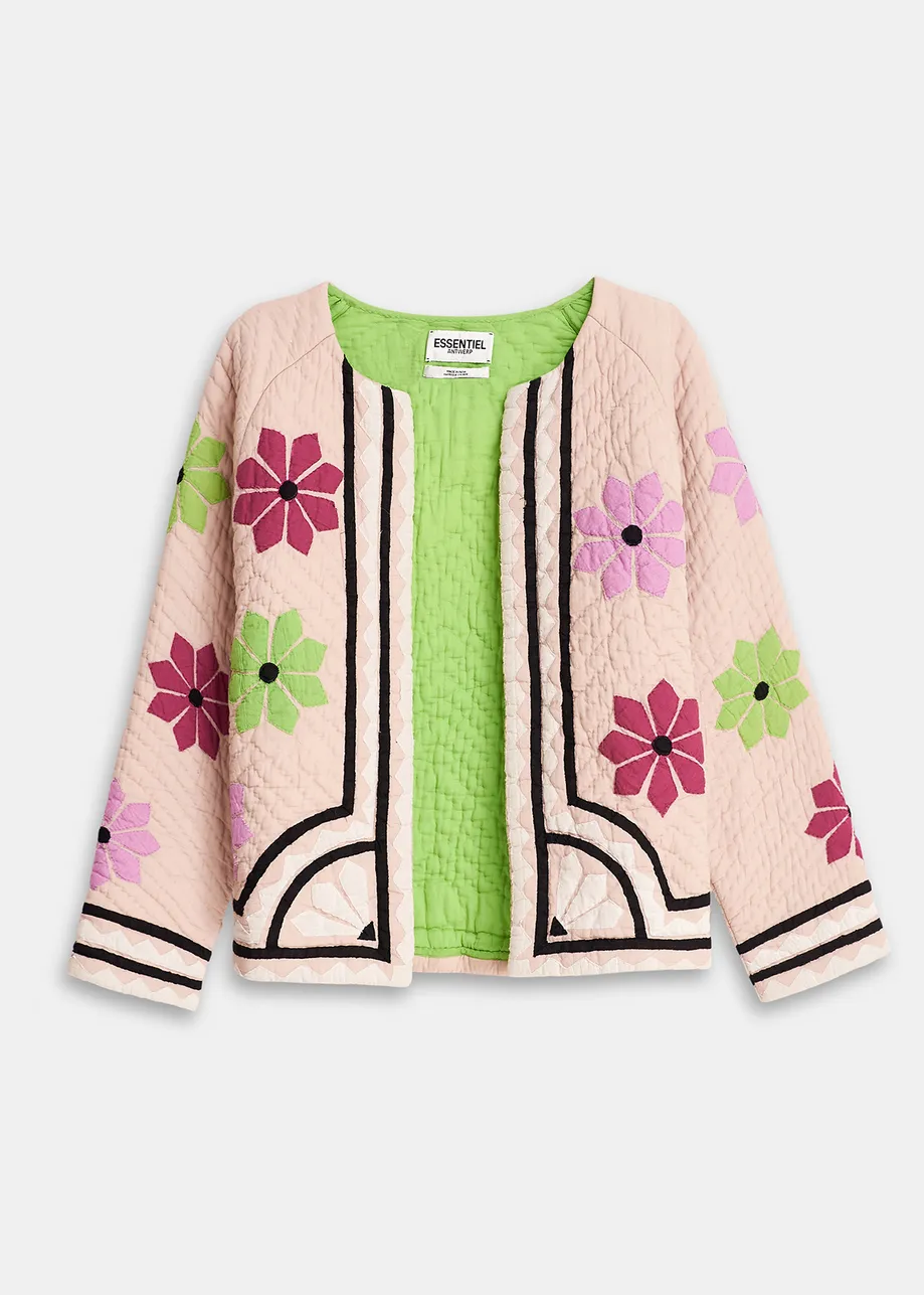 Off-white quilted jacket with flower patches