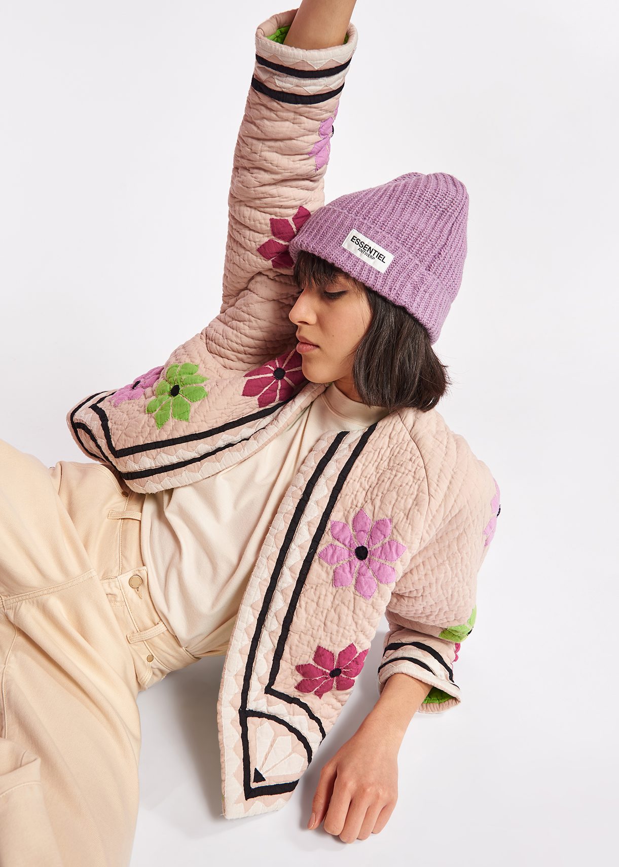 Off-white quilted jacket with flower patches | Essentiel Antwerp