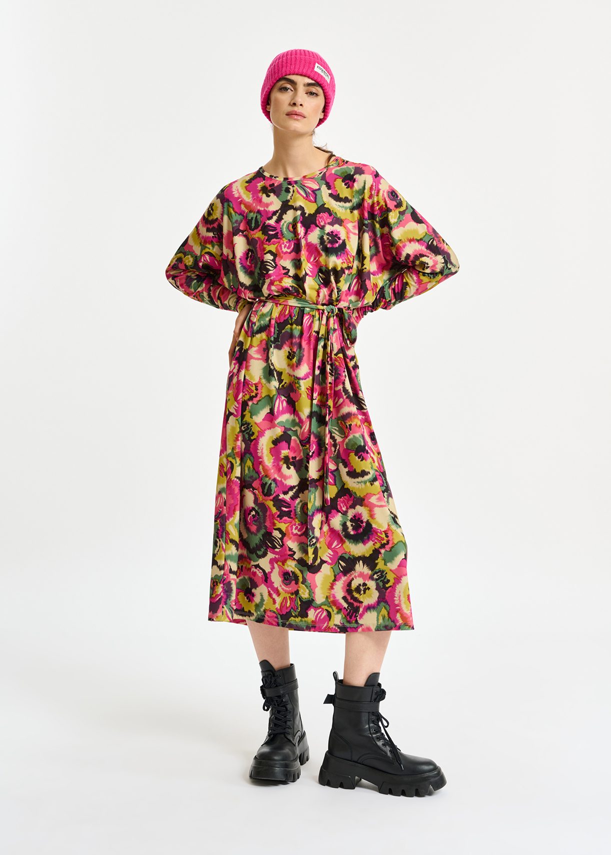 Multicolor midi-length dress with floral print