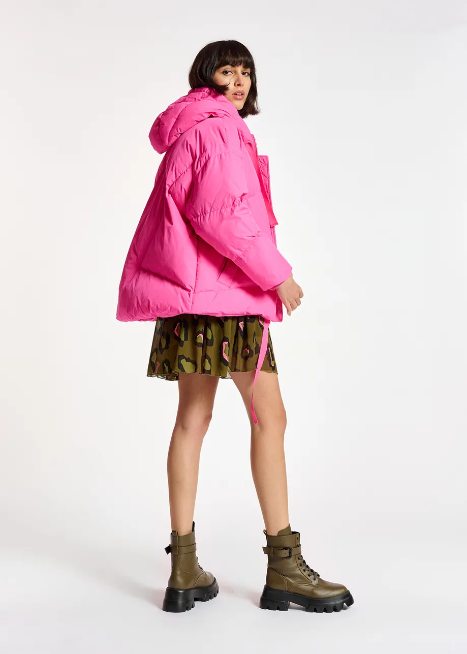 Neon pink hooded puffer jacket