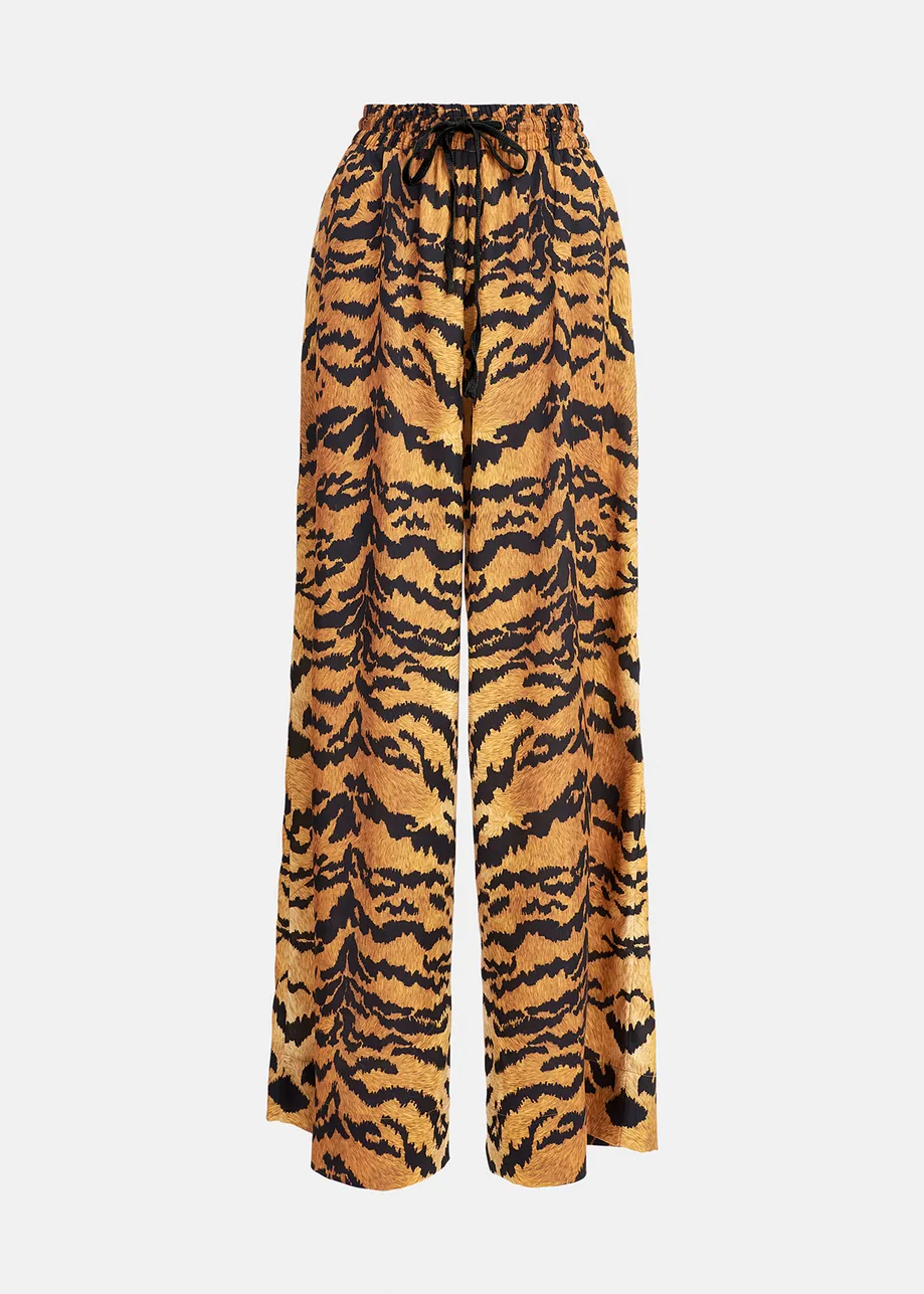 Brown wide-leg pants with tiger print