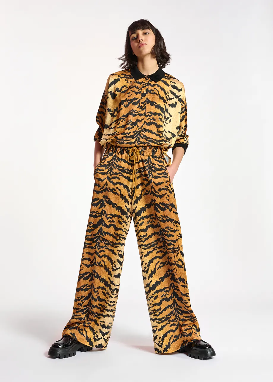 Brown wide-leg pants with tiger print