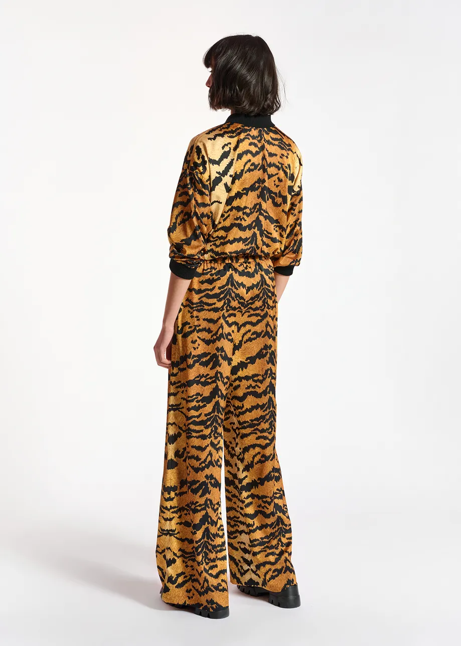 Brown wide-leg pants with tiger print