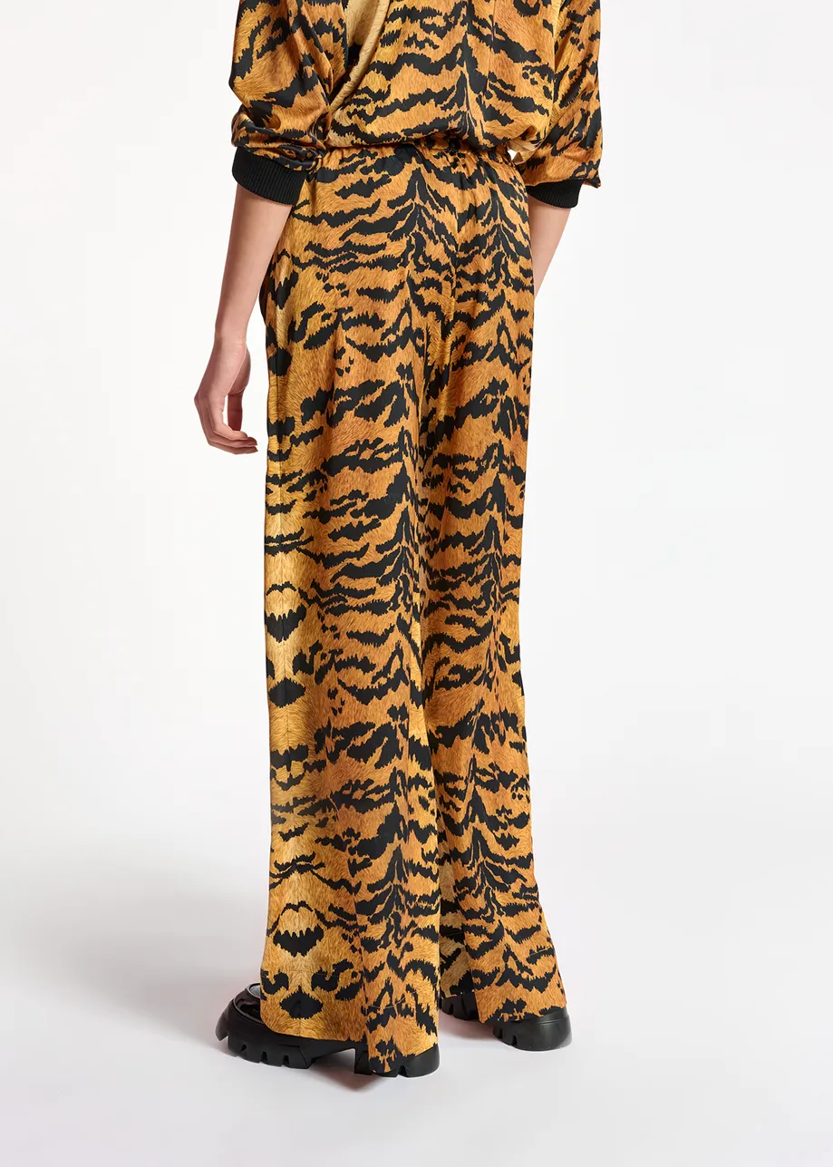 Brown wide-leg pants with tiger print