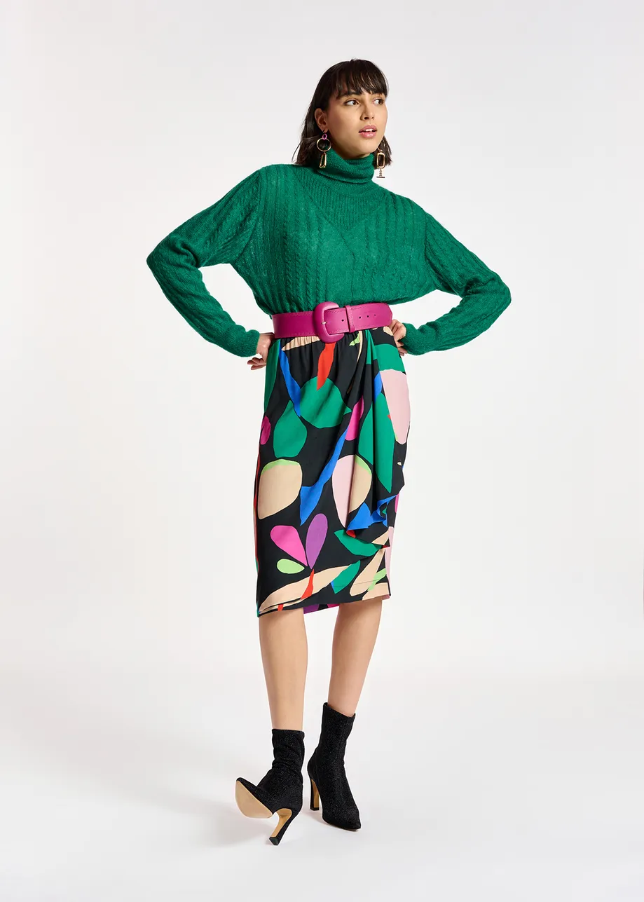 Black graphic printed midi skirt