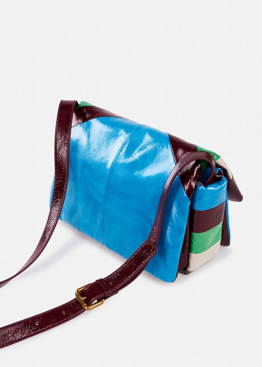 Glossy blue, green and maroon striped shoulder bag