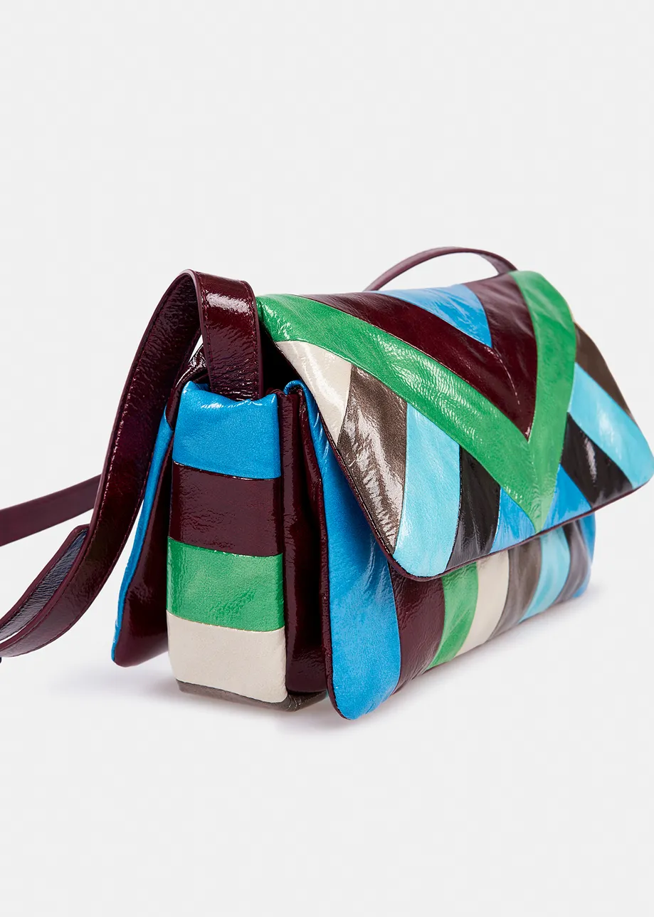 Glossy blue, green and maroon striped shoulder bag