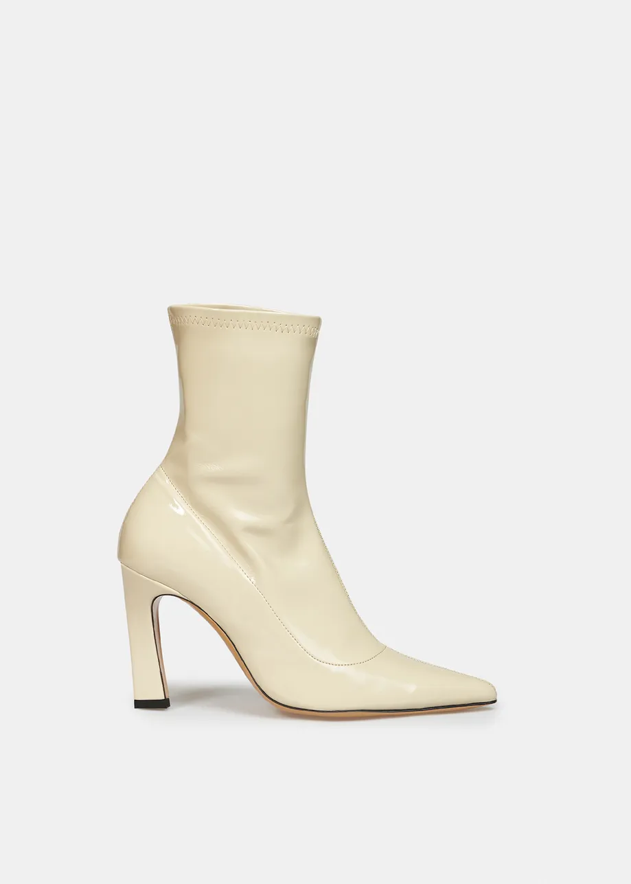 Beige faux patent-leather sock boots