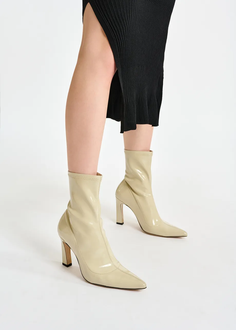 Beige faux patent-leather sock boots