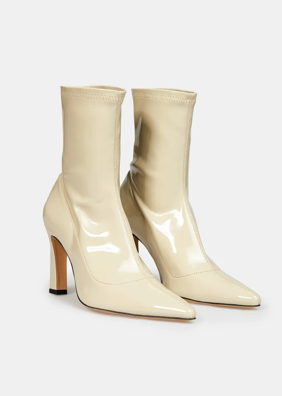 Beige faux patent-leather sock boots