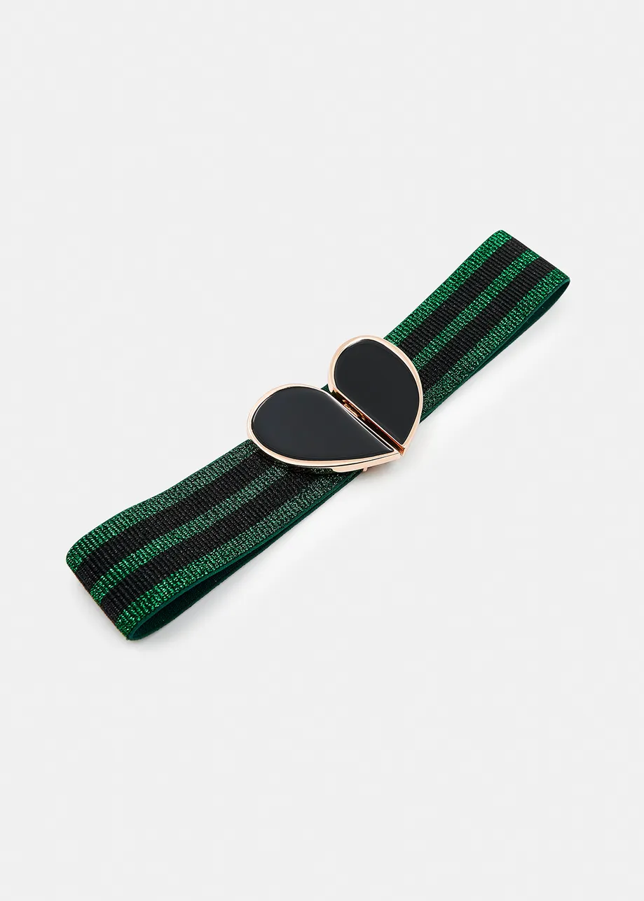 Dark green and black striped belt with heart buckle