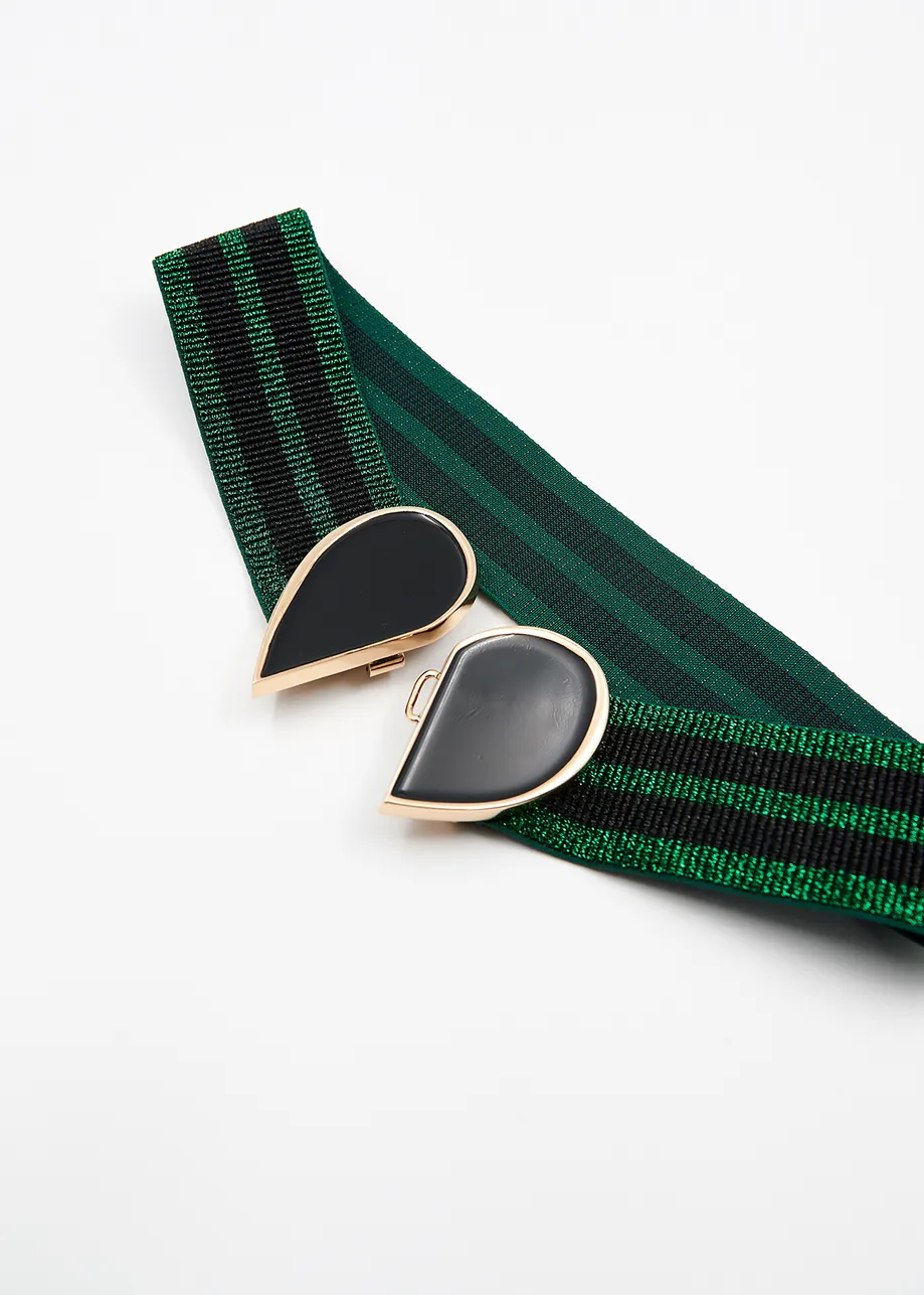 Dark green and black striped belt with heart buckle