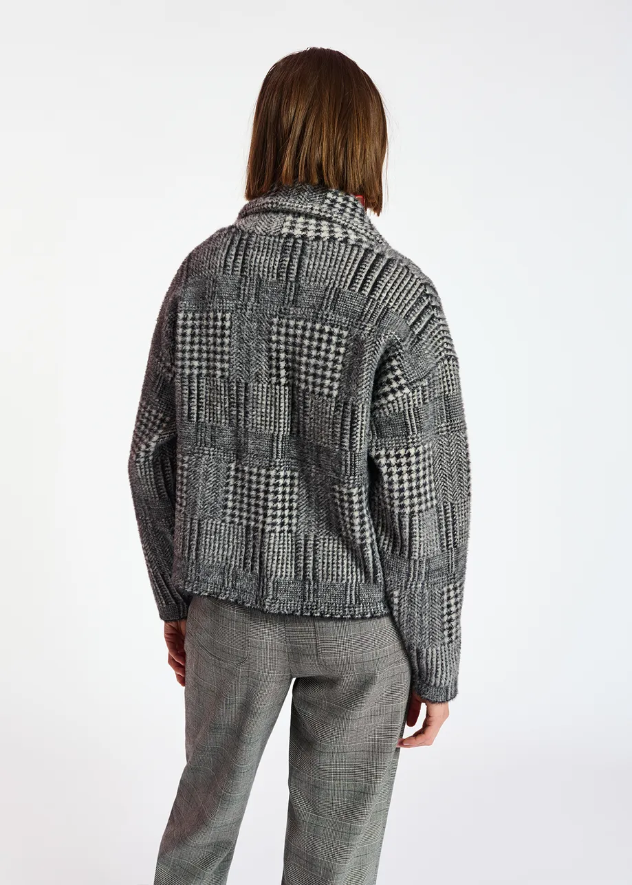 Black and off-white fuzzy knitted jacket