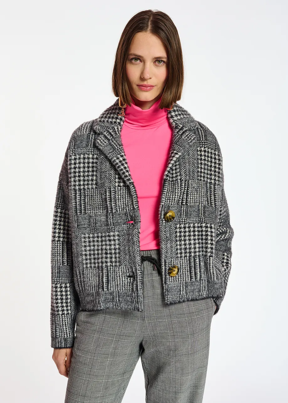 Black and off-white fuzzy knitted jacket