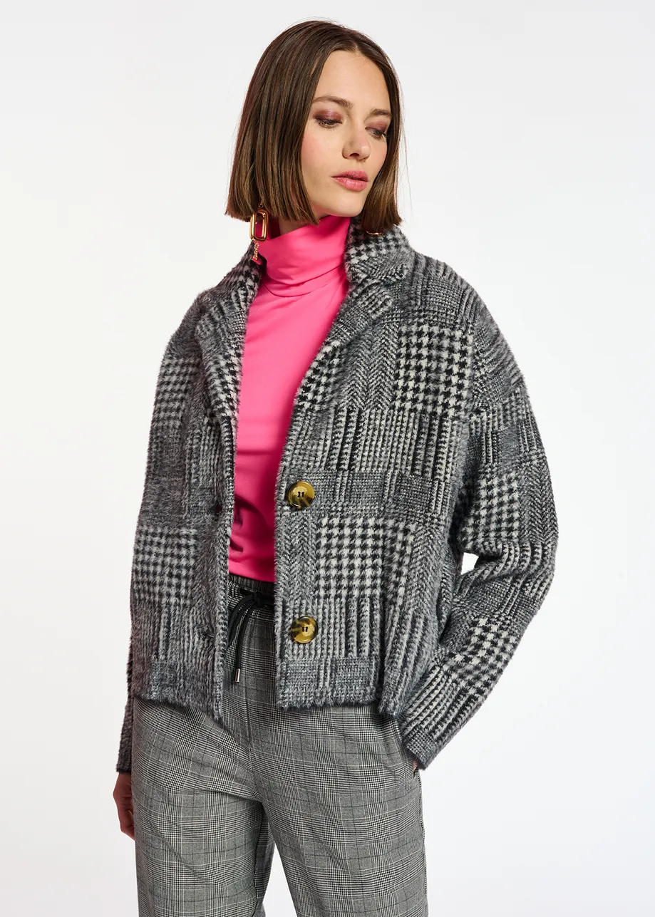 Black and off-white fuzzy knitted jacket