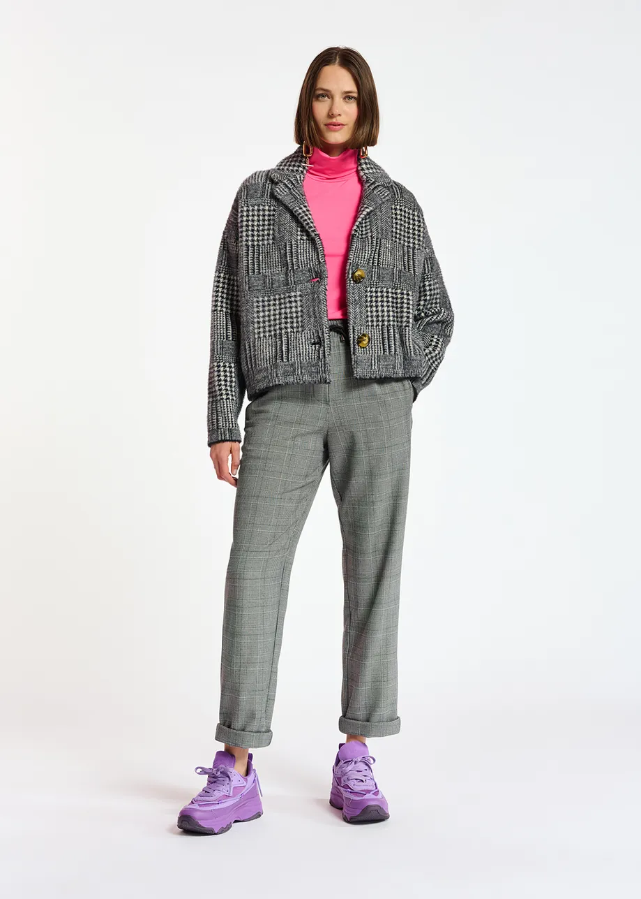 Black and off-white fuzzy knitted jacket