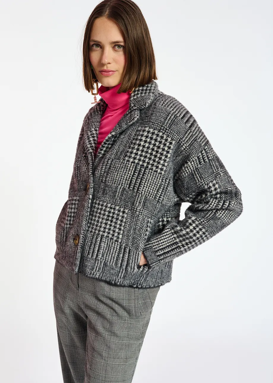 Black and off-white fuzzy knitted jacket